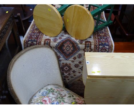 Modern light wood drop leaf kitchen table, two painted stools and a multi-coloured carpet runner along with a loom style bedr