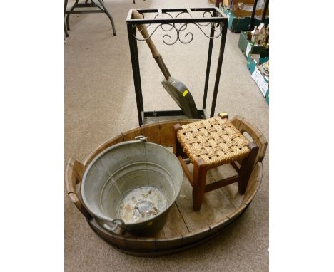 Vintage barrel/trough, small galvanized bucket, wrought iron stick stand, small string topped stool etc