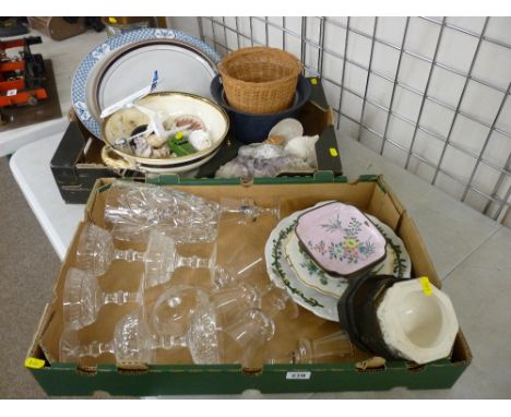 Two good boxes of cut and other glassware, pottery, Schucco clockwork car etc
