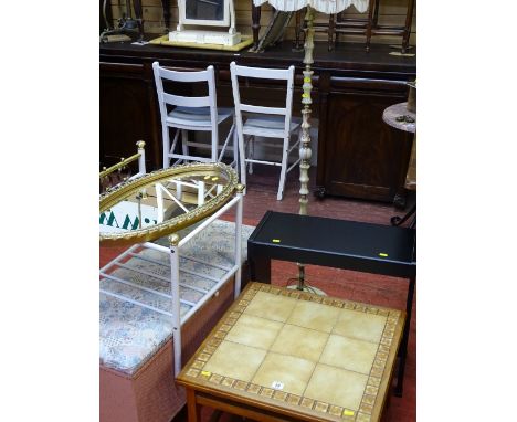 Faux brass and onyx standard lamp and shade, tiled top coffee table, metal and glass side table, loom style ottoman, gilt fra