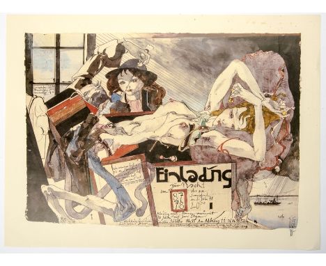 Janssen, Horst   (1929 - 1995) Offset-Litho. Einladung zur Nacht am 8.7.78. Litho der Einladungskarte. R. u. sign. 40 x  57. 