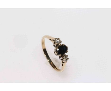 9 carat gold three stone sapphire and diamond ring, size M.