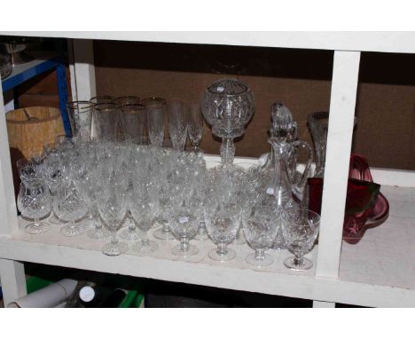 Quantity of glass including table lamp, decanters, vase and glasses.