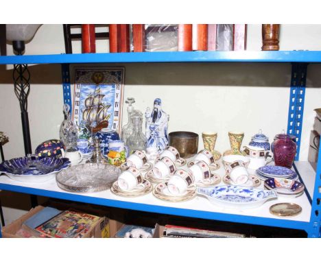 Shelf of ceramics including Oriental, Copeland, Derby Border teaware, Spode, Marutomo Ware, decanters, albumen photo.