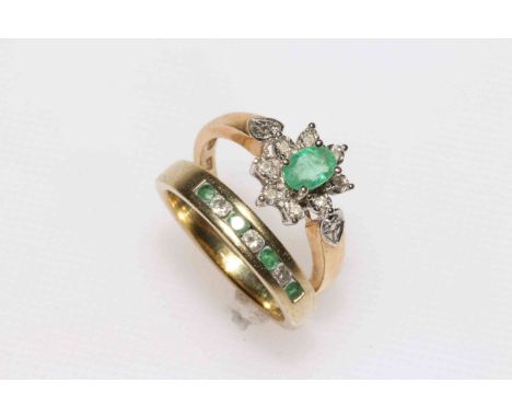 Two 9 carat gold, emerald and diamond rings.