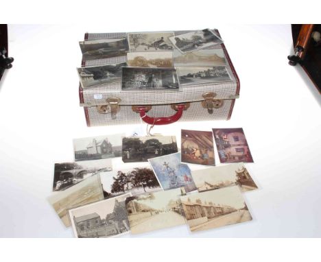 Loose topographical British postcards in case, depicting Great Broughton street scenes and snow scenes, Redcar stranded whale
