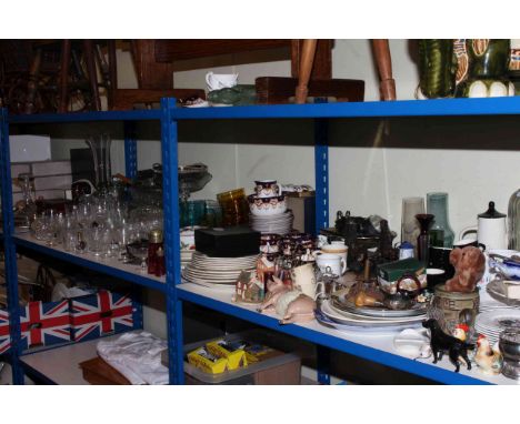 Shelf of Royal Albert, matchboxes, tools, cutlery, silver plated ware, glass, collectors plates, Wedgwood crystal, etc.