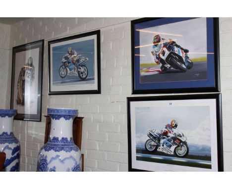 Collection of six framed motor cycling prints and painted pine trunk.