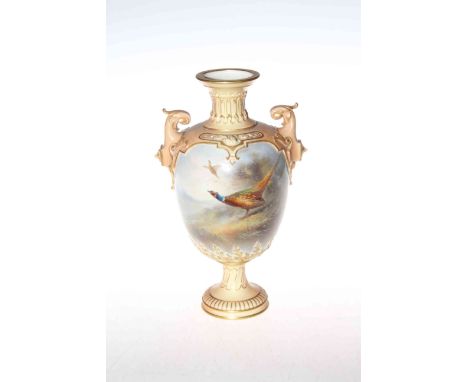 Royal Worcester vase, painted and signed by Jas. Stinton, the ovoid body with pheasant scene, the foot neck and handles with 