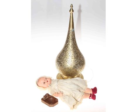 Gilt metal lamp, doll and 'Mouseman' ashtray.