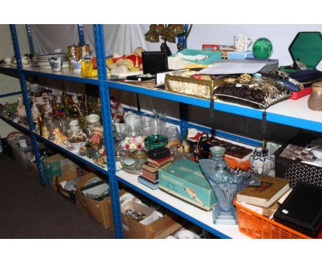 Shelf of ceramics, glass, dolls, costume jewellery, vintage Morphy Richards hair dryer, chess board, mirror, etc.