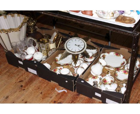 Three boxes of Royal Albert Country Roses, clocks, gilt figure table lamp and shade, glasses, etc.