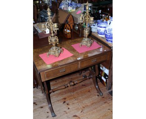 Burr walnut and mahogany two drawer sofa table and pair gilt candelabra.