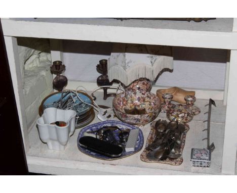 Maling china including lamp, cutlery, plates, brass candle holders, jelly mould, etc.