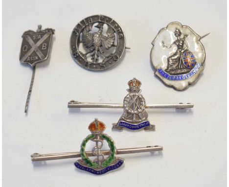 Quantity of 5x silver brooches and tie pins to include silver enamelled tie pin for the Labour Corps and Royal Army Medical C