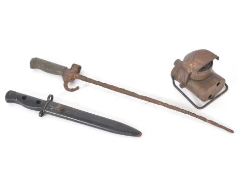 L1A3 SLR bayonet and scabbard together with WW1 french lebel bayonet relic and military bike lamp (3)