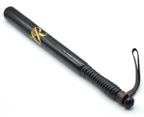 Victorian police truncheon / night stick with gold painted VR cypher, ribbed handle and leather strap 