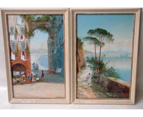 M Gianni, Neapolitan Street and Harbour scene with Vesuvius and another depicting a Country Lane on the Bay of Naples, signed