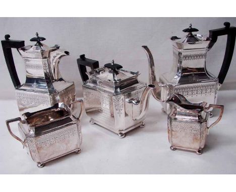 A silver five-piece tea service by Walker and Hall, Sheffield 1898 of shaped rectangular form with ebonised handles and finia