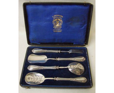 A French silver four-piece hors d'oeuvres service, late 19th century, consisting of three-prong fork, scoop, pierced spoon an