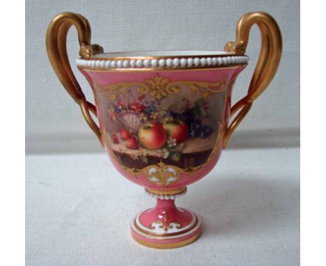 A Royal Worcester two-handled vase decorated by R Sebright with twisted gilt painted serpent handles, the urn shaped vase dec