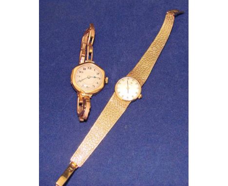 An early 20th century ladies 9ct gold watch with hexagonal shaped dial and link strap together with a 1960's Tissot gold ladi