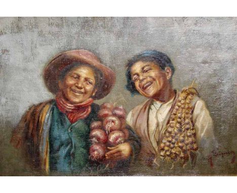 Rafaele Frigerio (Italian 1875-1948), Happy Days, two onion and garlic harvesters, signed R Frigerio lower right, oil on boar
