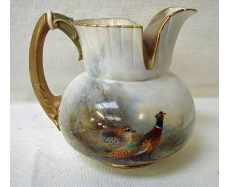 A Royal Worcester porcelain jug of squat globular form with curved spout and semi circular open top, hand painted by James St