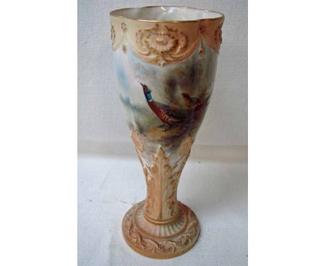 A Royal Worcester blush ivory pedestal vase of quatrefoil lobed form, hand painted by James Stinton with a pair of pheasants,