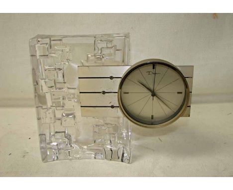 Daum France, a moulded crystal glass mantel clock, circa 1965, Thor model, heavy glass base with moulded random stack block p