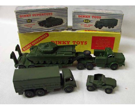 Dinky Toys, 660, Thornycroft Mighty Antar Tank Transporter, boxed with boxed 651 Centurion Tank, boxed 622, 10 ton Army Truck