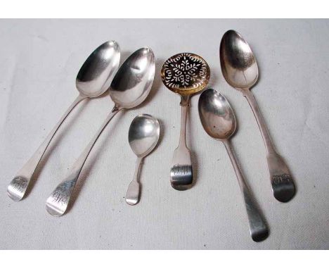 A pair of silver Old English pattern serving spoons, London 1790, a single silver fiddle pattern serving spoon, London 1778, 