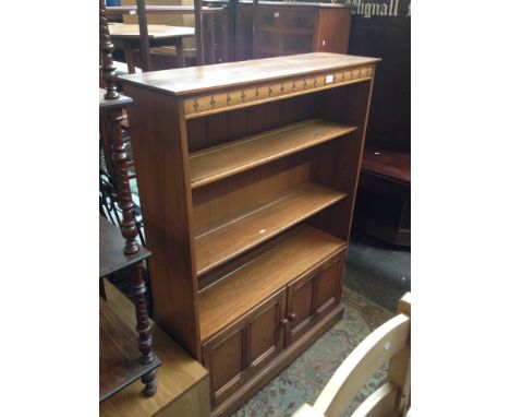 ERCOL ELM OPEN BOOKCASE WITH TWO LOWER DOORS. W102CM H138CM