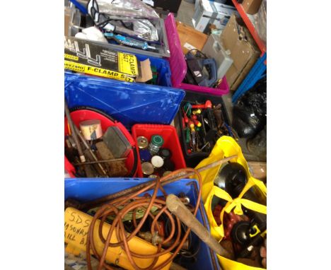 TABLE TOP OF TOOLS & BOX OF SCREWS, NUTS ETC.