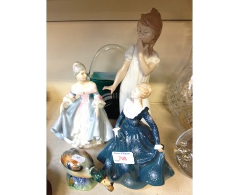 TWO DOULTON FIGURES, NAO FIGURE, DUCK AND GLASS BASKET    K3
