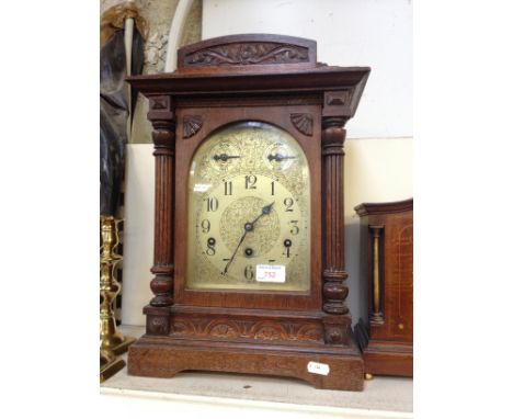 ARCHITECTURAL OAK STEEL DIAL MANTEL CLOCK CIRCA 1900. H46CM     M5
