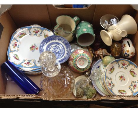 BOX OF CHINA AND A GLASS DECANTER     RTI
