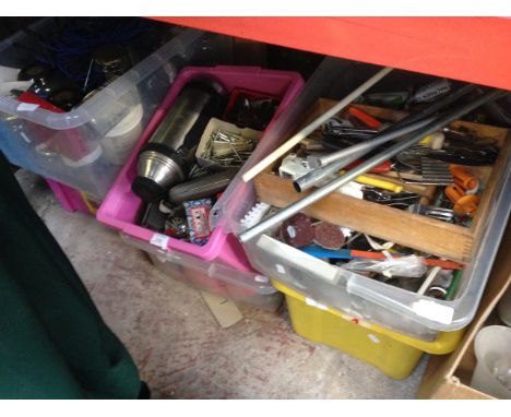6 BOXES OF TOOLS, FITTINGS, GARAGE ITEMS