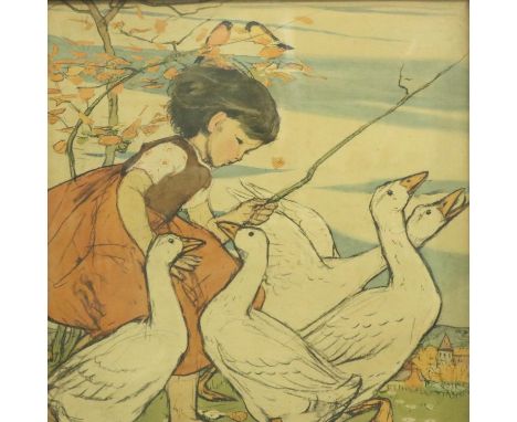 Muriel Dawson ARCA (1897-1974): colour nursery print, The Goose Girl, 45 x 50 cm. Not available for in-house P&amp;P, contact