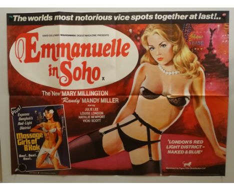 EMMANUELLE IN SOHO (1981) - British UK Quad (Tigon Double Bill) - BARRIE JAMES artwork of Mandy Miller posing in front of Lon