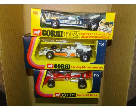 A GROUP OF CORGI FORMULA 1 RACING CARS to include 150 SURTEES T.S. 9 F/1 RACING CAR, 151 YARDLEY MCLAREN M19A and 152 FERRARI