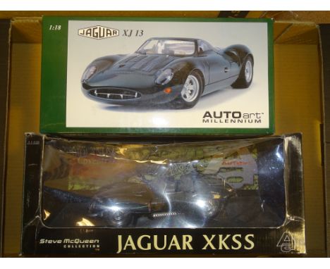 A PAIR OF AUTOART 1:18 SCALE DIECAST MODEL CARS to include a JAGUAR XJ13 (E in VG box) and a JAGUAR XKSS - (VG/E in P box) (2