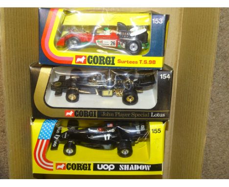 A GROUP OF CORGI FORMULA 1 RACING CARS to includes 153 SURTEES T.S. 9B, 154  LOTUS JOHN PLAYER SPECIAL and 155 UOP SHADOW  as