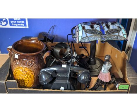 A Tiffany lamp; a retro style telephone, various modern sculptures etc.