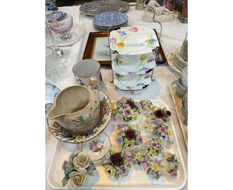 A hand-painted ceramic tile featuring birds 24 x43cm; a Staffordshire 19th century frog mug; other ceramics