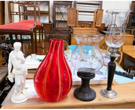 A studio art glass vase, two garden candle lantern holders another lamp and other items