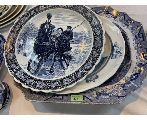 A large canted 19th century Willow pattern meat platter (rim chipped) length 56cm; an oval blue and white meat platter depict