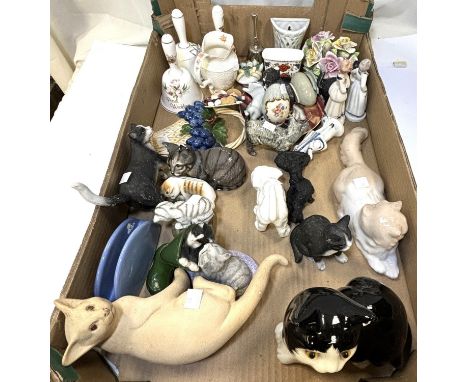 A Nao reclining cat and a Winstanley style cat with glass eyes; other cats and decorative china.