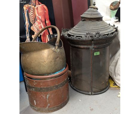 A large 19th century lantern with replacement plastic and a copper coal bucket, another.
