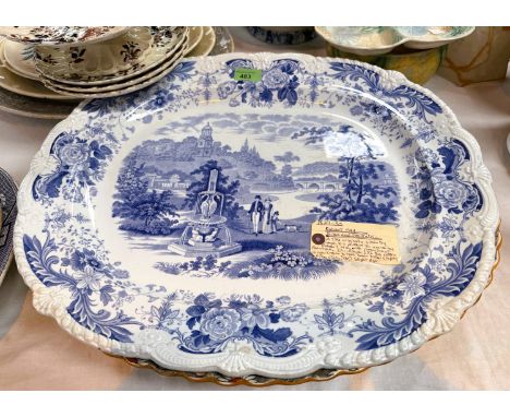 A large 19th century blue and white meat platter 'Bird and fountain' pattern, length 52cm; a large Japan pattern meat platter